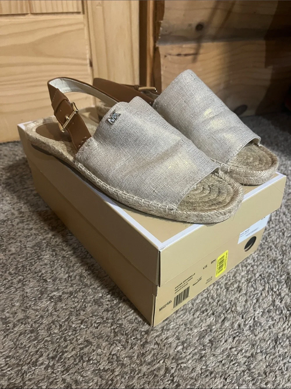 Michael Kors Beige Metallic Linen Fisher Espadrille Slingback Sandals Pale Gold